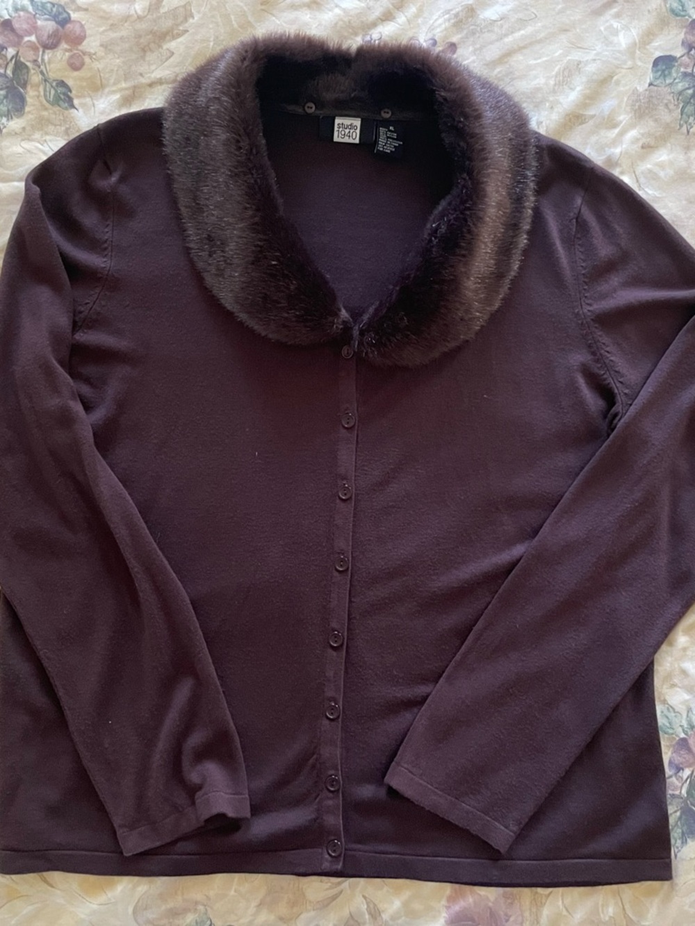 Studio 1940 Dark Brown Button-Front Cardigan with Faux Fur Collar